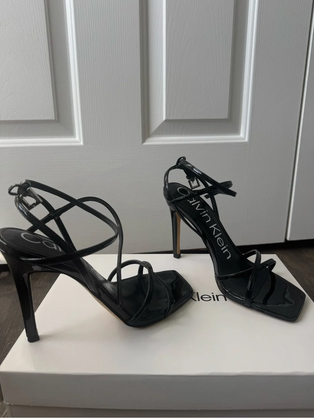 Calvin Klein Black Patent Strappy Square-Toe Heels
